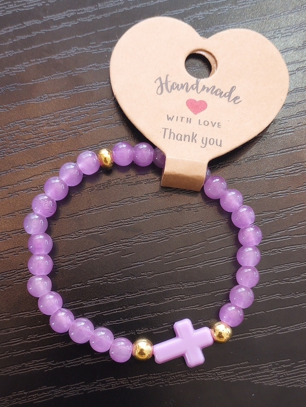 Handmade Purple Glass Bead Bracelet with Cross Accent